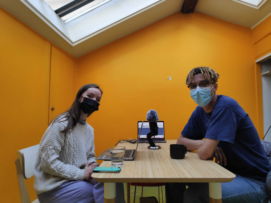 Bea and Joe recording the podcast in Paris