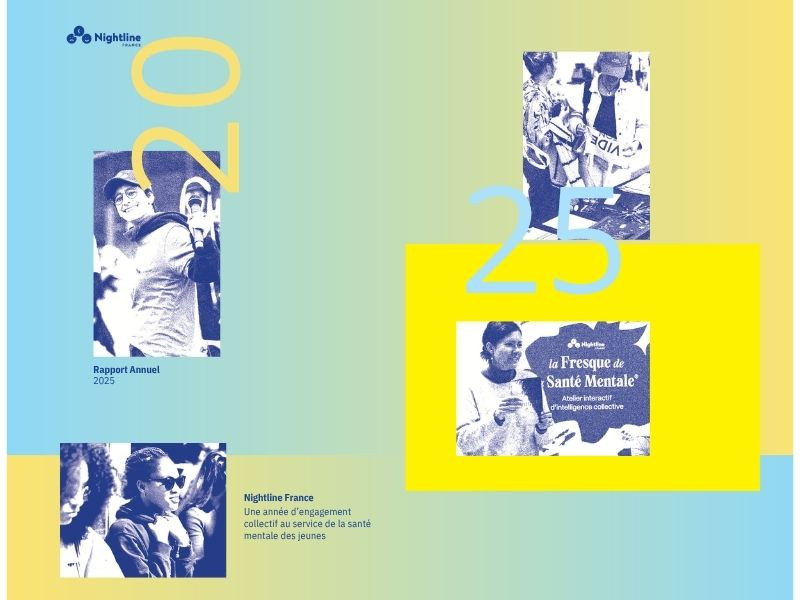 Affiche du rapport annuel 2025 de Nightline France présentant des jeunes et des informations sur la santé mentale des étudiants