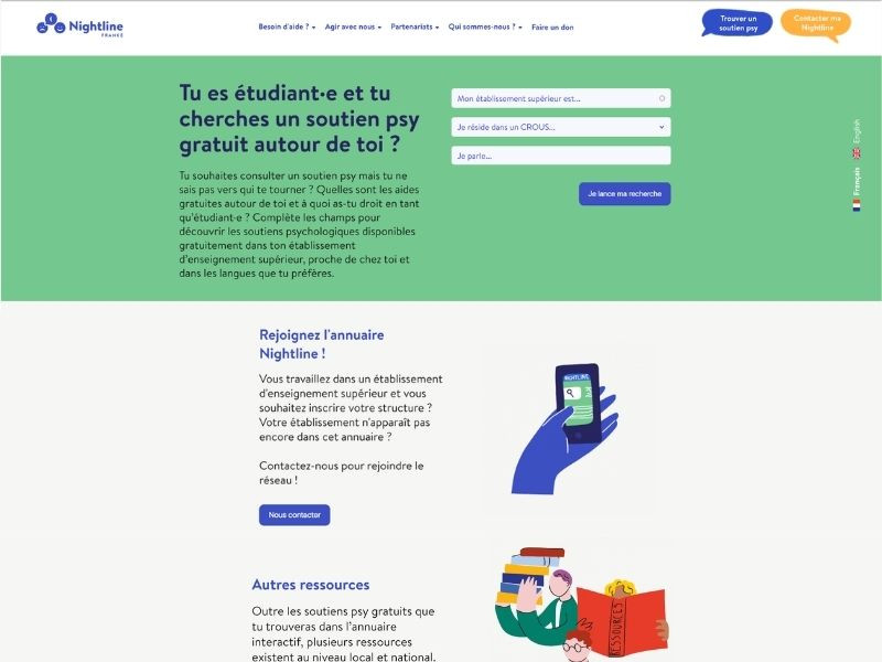 Page web Nightline permettant aux étudiants de trouver un soutien psychologique gratuit avec moteur de recherche de ressources en santé mentale