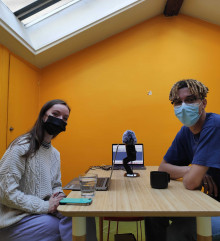 Bea and Joe recording the podcast in Paris