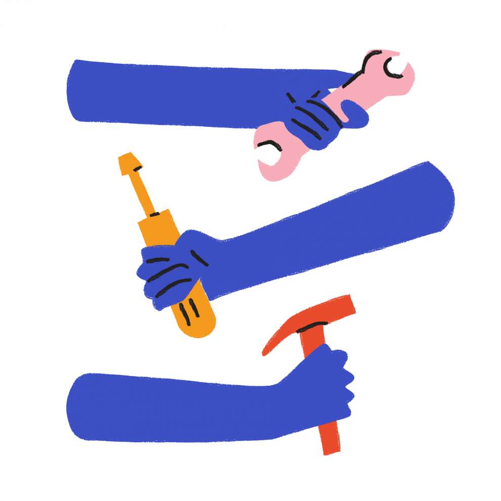 Illustration avec des bras tenant différents outils : clé à molette, tournevis et marteau