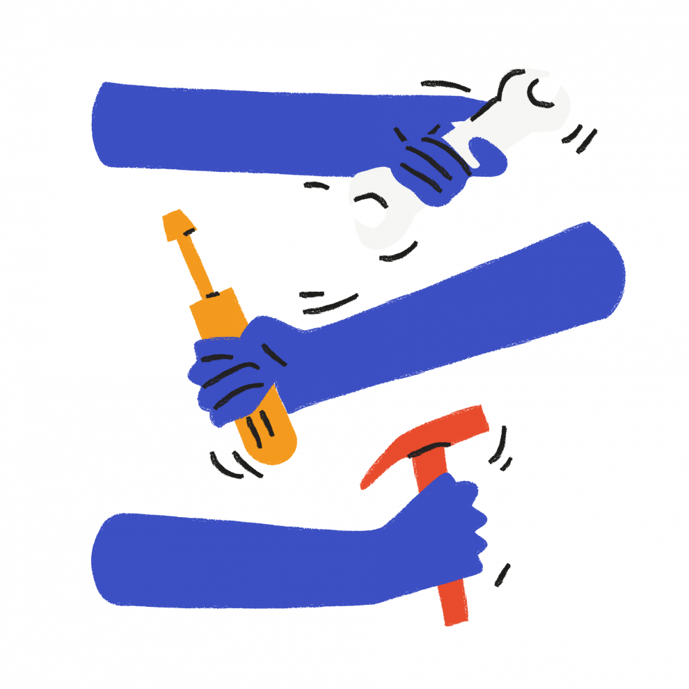 Illustration of arms holding tools: hammer, wench