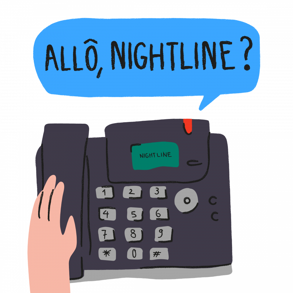Illustration d'un téléphone de permanence avec une main qui va décrocher et une bulle qui sort du téléphone avec écrit dedans : Allo, Nightline ?