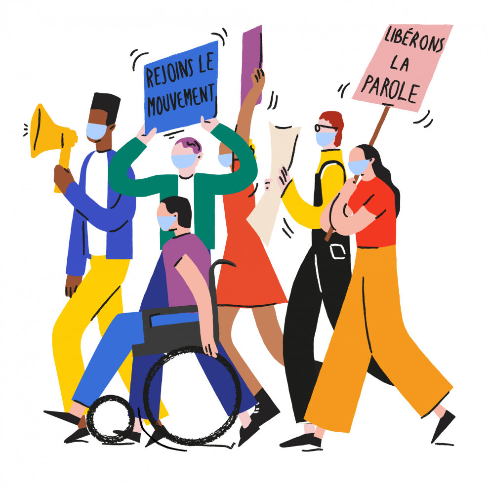 Illustration d'un groupe d'étudiants manifestants