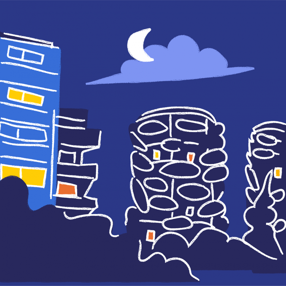 Illustration nocturne stylisée de bâtiments et immeubles à Saint-Denis, avec lune et nuage, dans des tons bleus et jaunes - Nightline France