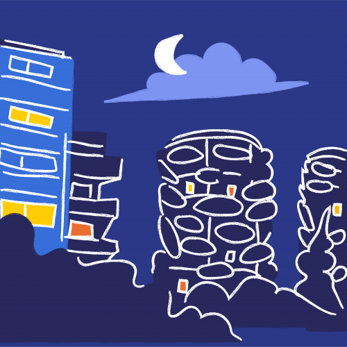 Illustration nocturne stylisée de bâtiments et immeubles à Saint-Denis, avec lune et nuage, dans des tons bleus et jaunes - Nightline France