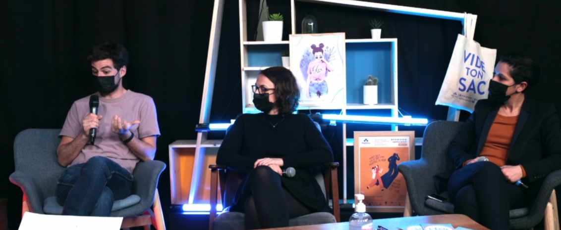 Florian Tirana, Claire Thoury et Sarah El Haïry durant le live chez Madmoizelle
